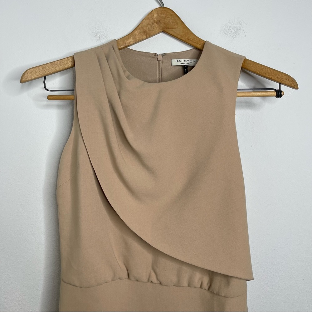 Halston Heritage Camel Drape Front Asymmetrical Hem Dress Sleeveless Size 4 - Picture 7 of 16